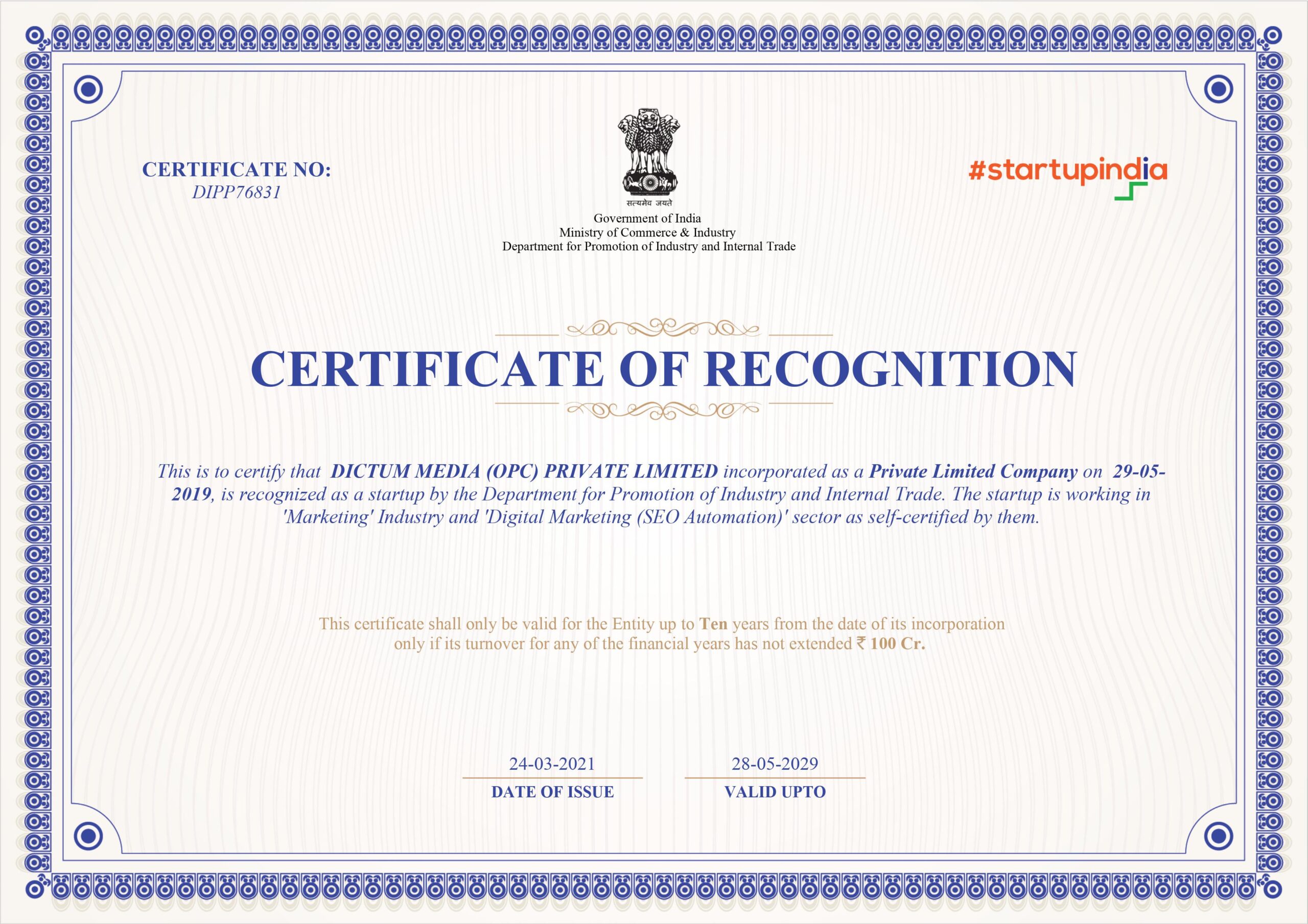 Certificate of Recognition, from DPIIT, Ministry of Commerce, Government of India, Startup India, [Dictum Media]